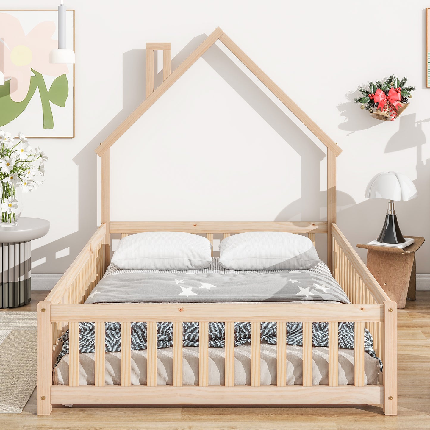 Natural wood twin house bed frame with guardrails for children