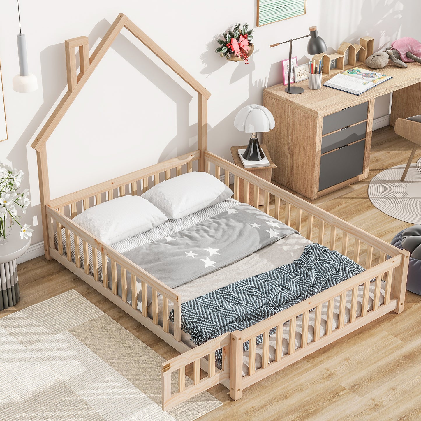 Natural pine wood twin house bed with safety rails