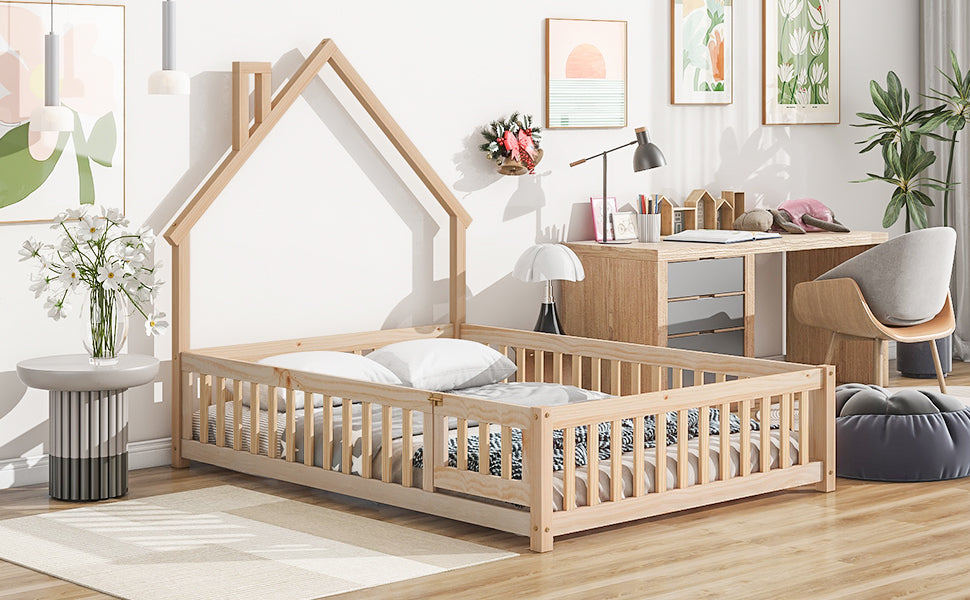 Natural wood toddler bed with houseshaped frame