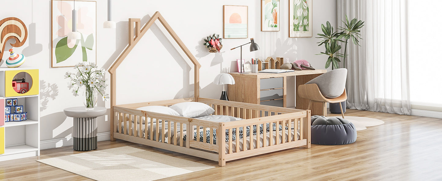Natural pine wood toddler bed with house frame