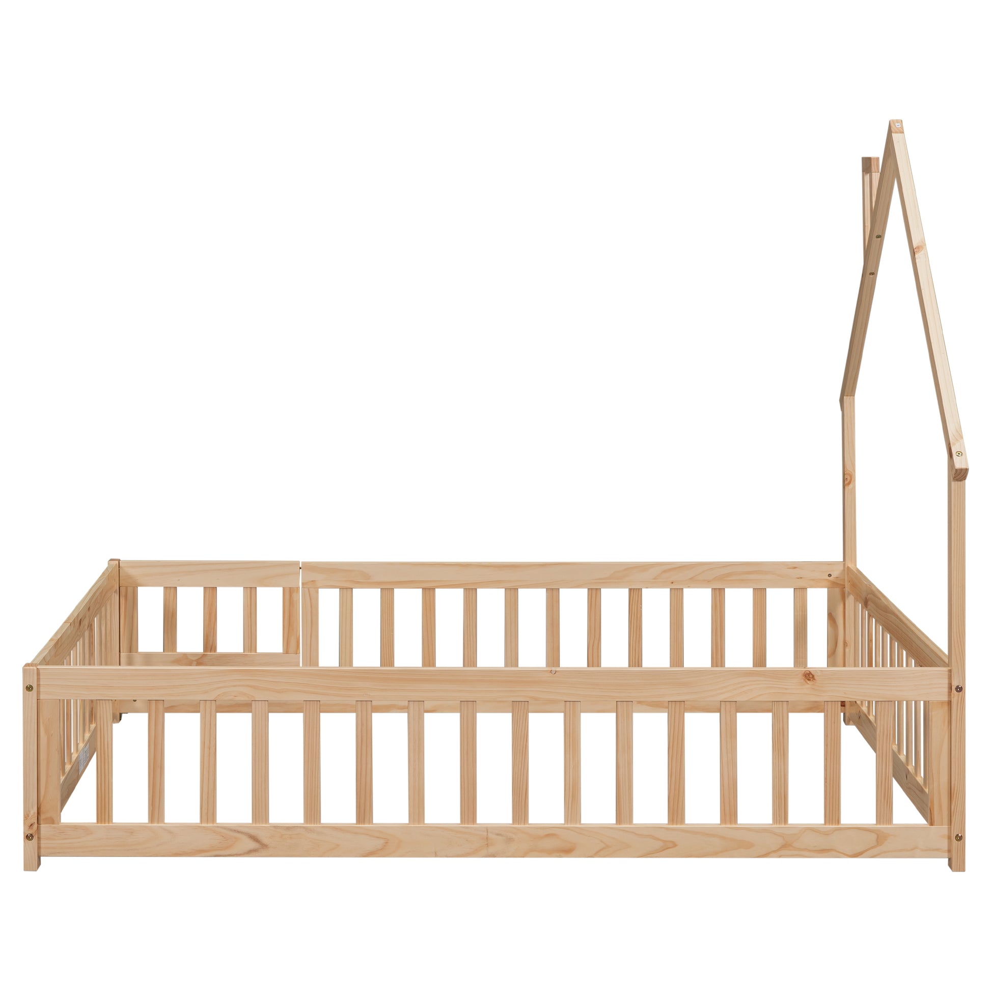 Natural wood toddler bed frame with fence