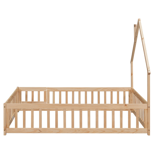 Natural wood toddler bed frame with fence