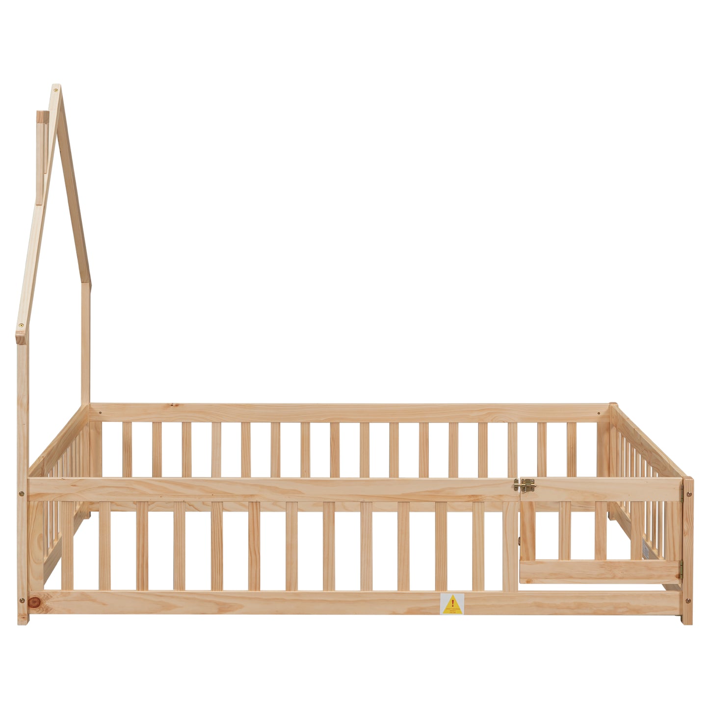 Natural pine wood toddler bed frame with house roof design and safety rails