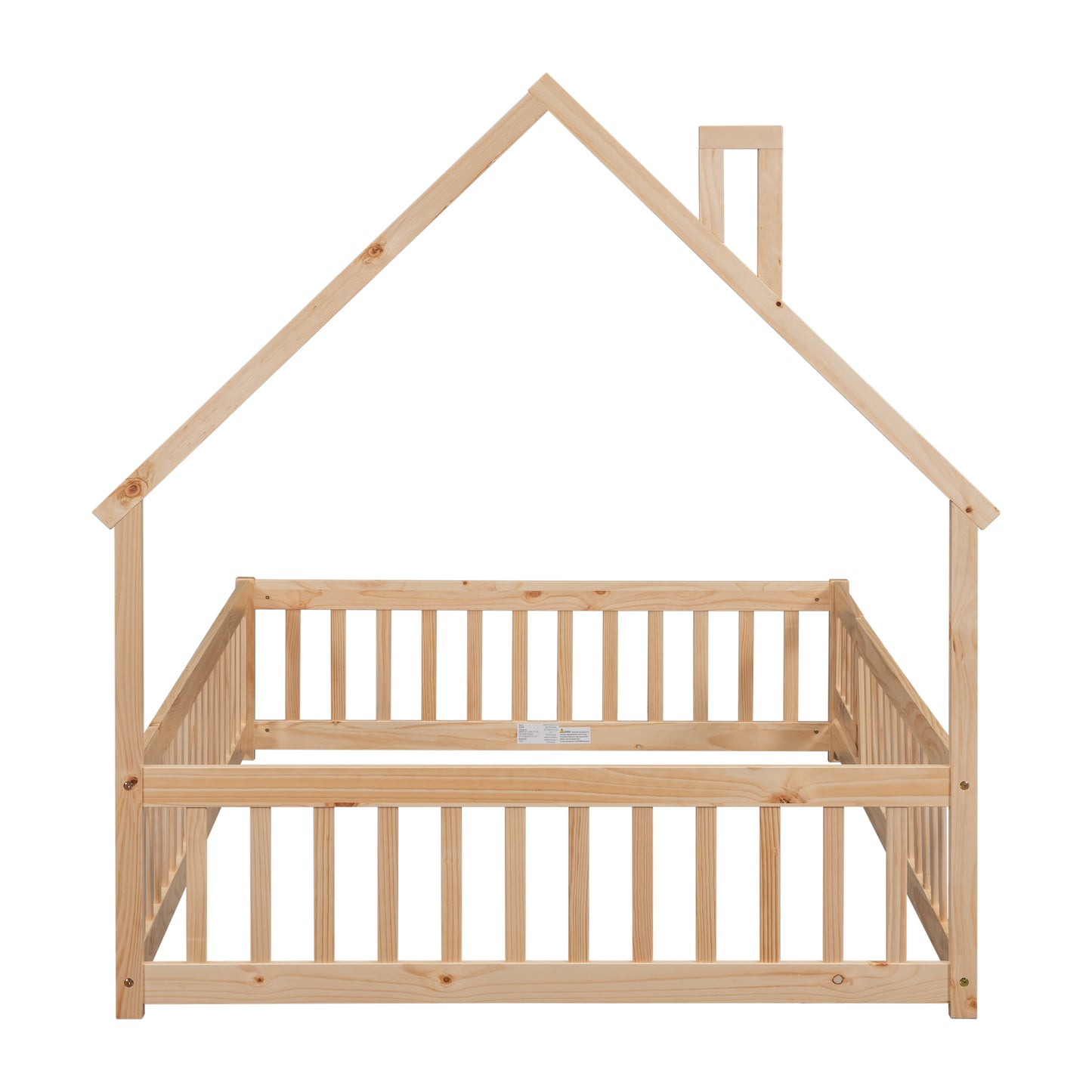 Natural wood house bed frame with protective railing