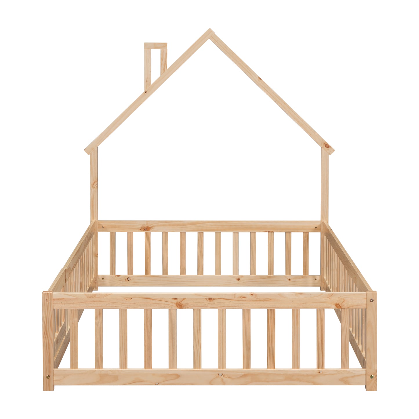 Natural wood kids bed frame with house roof design and safety railings