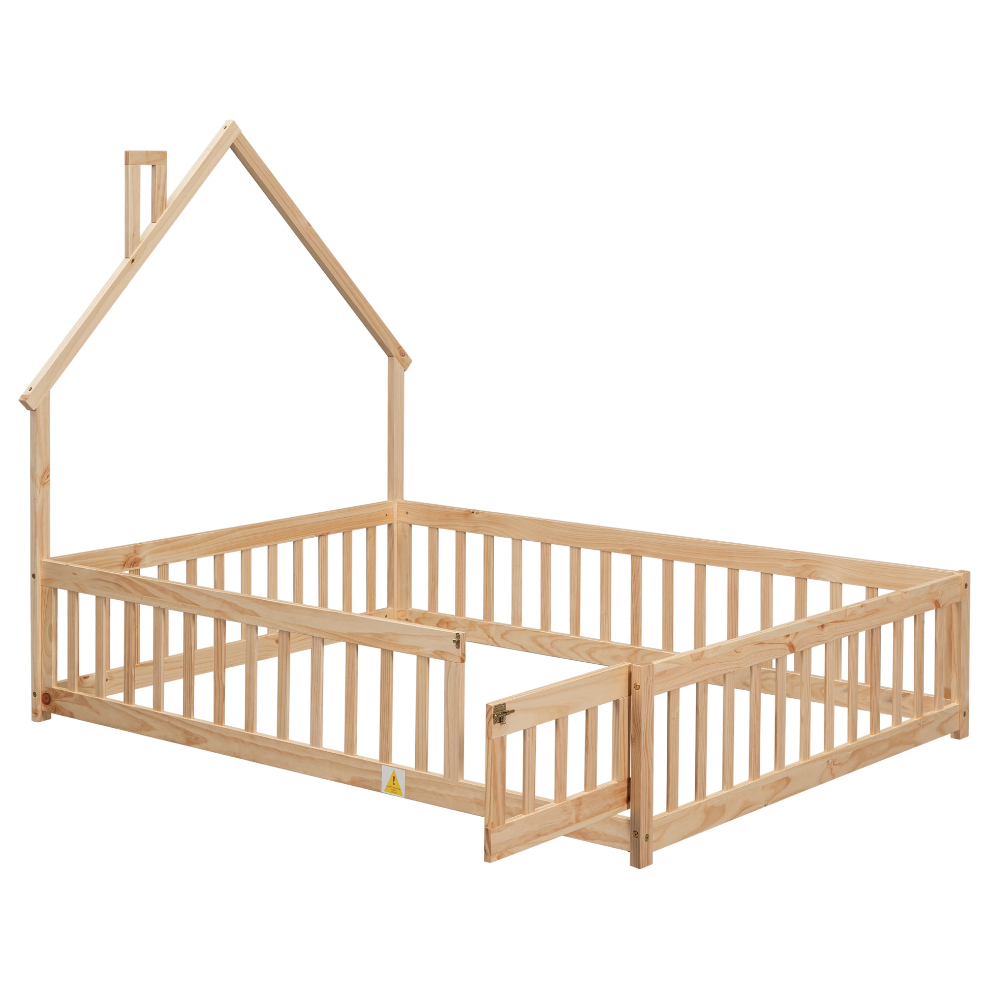 Natural wood toddler bed frame with house design