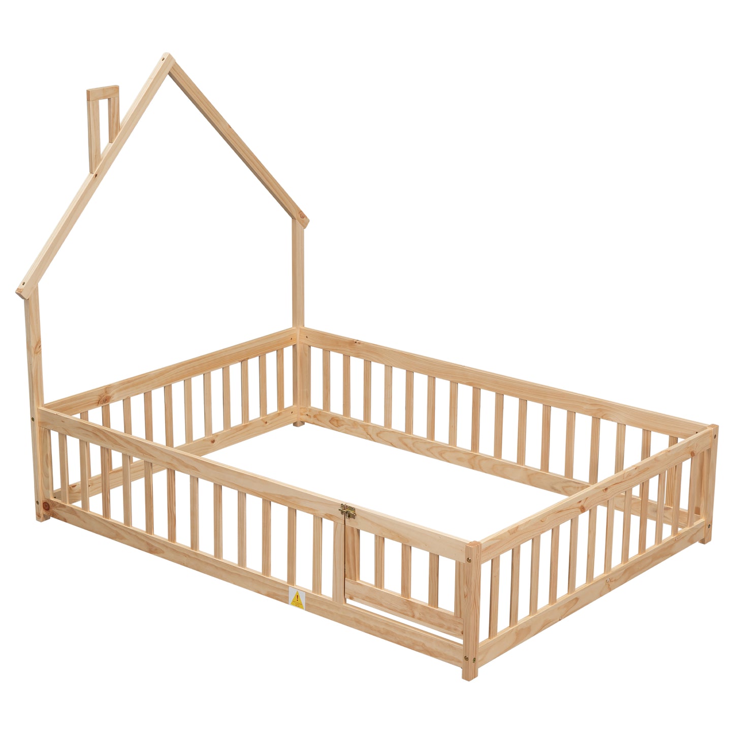 Natural wood toddler bed frame with houseshaped roof and safety rails