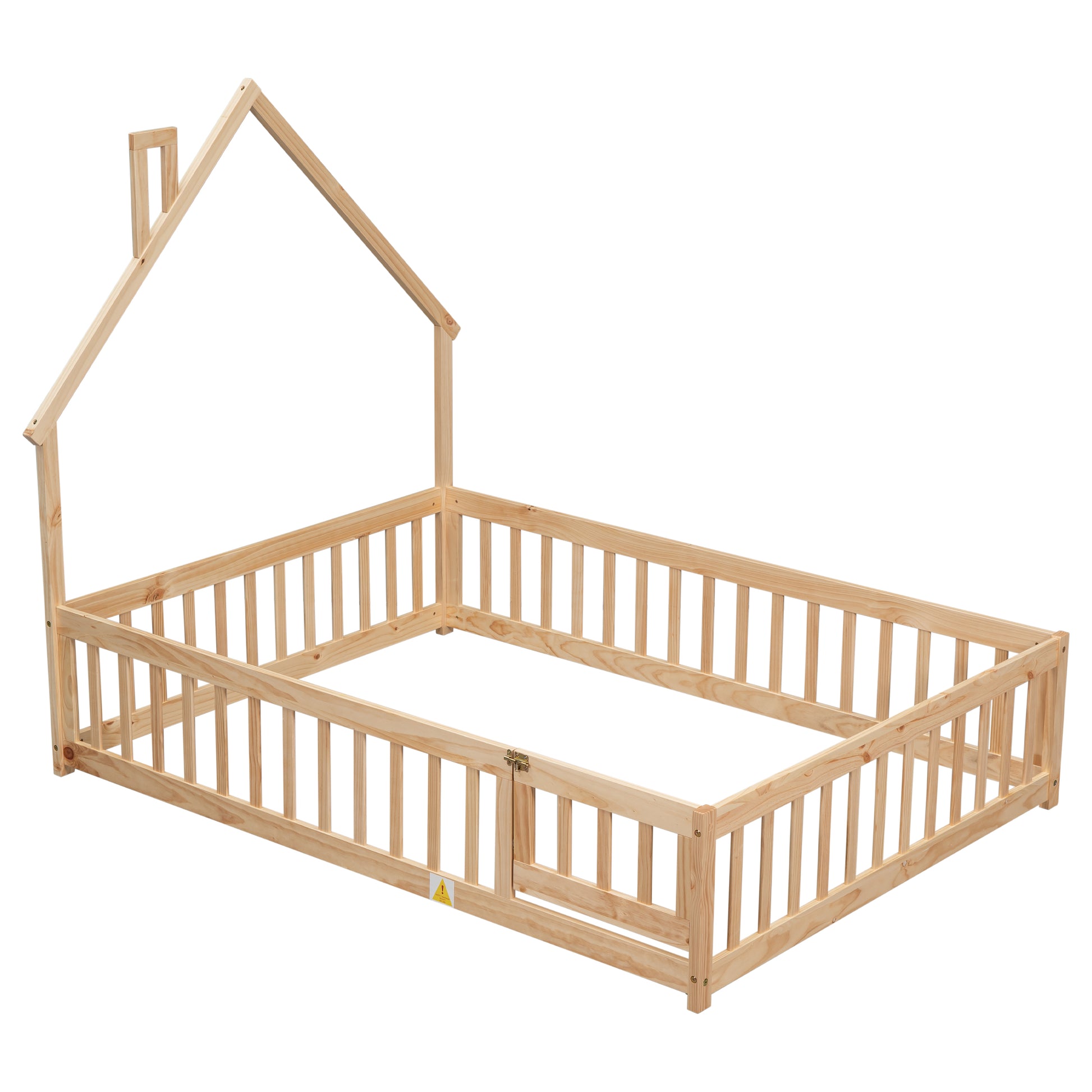 Natural wood toddler bed frame with houseshaped roof and safety rails