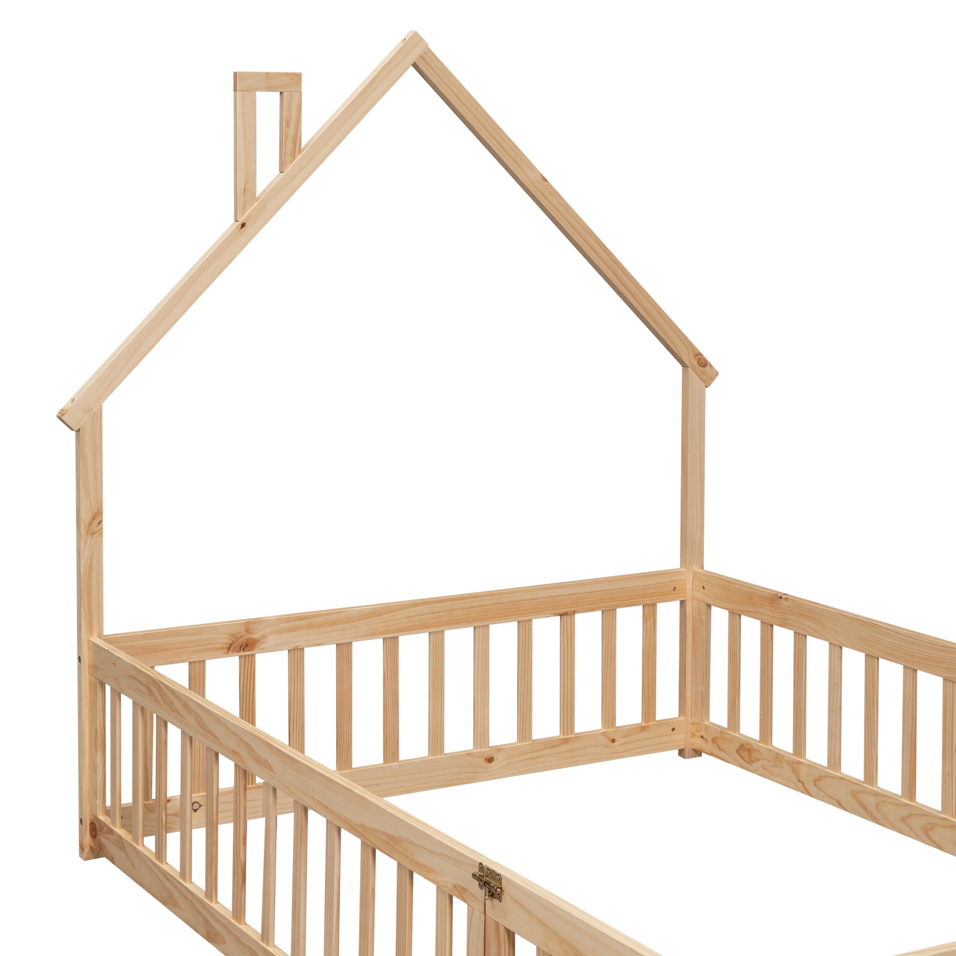 Natural pine wood toddler bed frame with house shape and safety rails