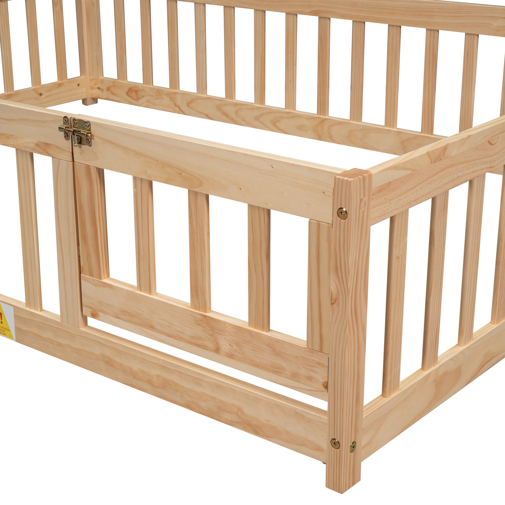 Natural pine wood crib frame with safety latch