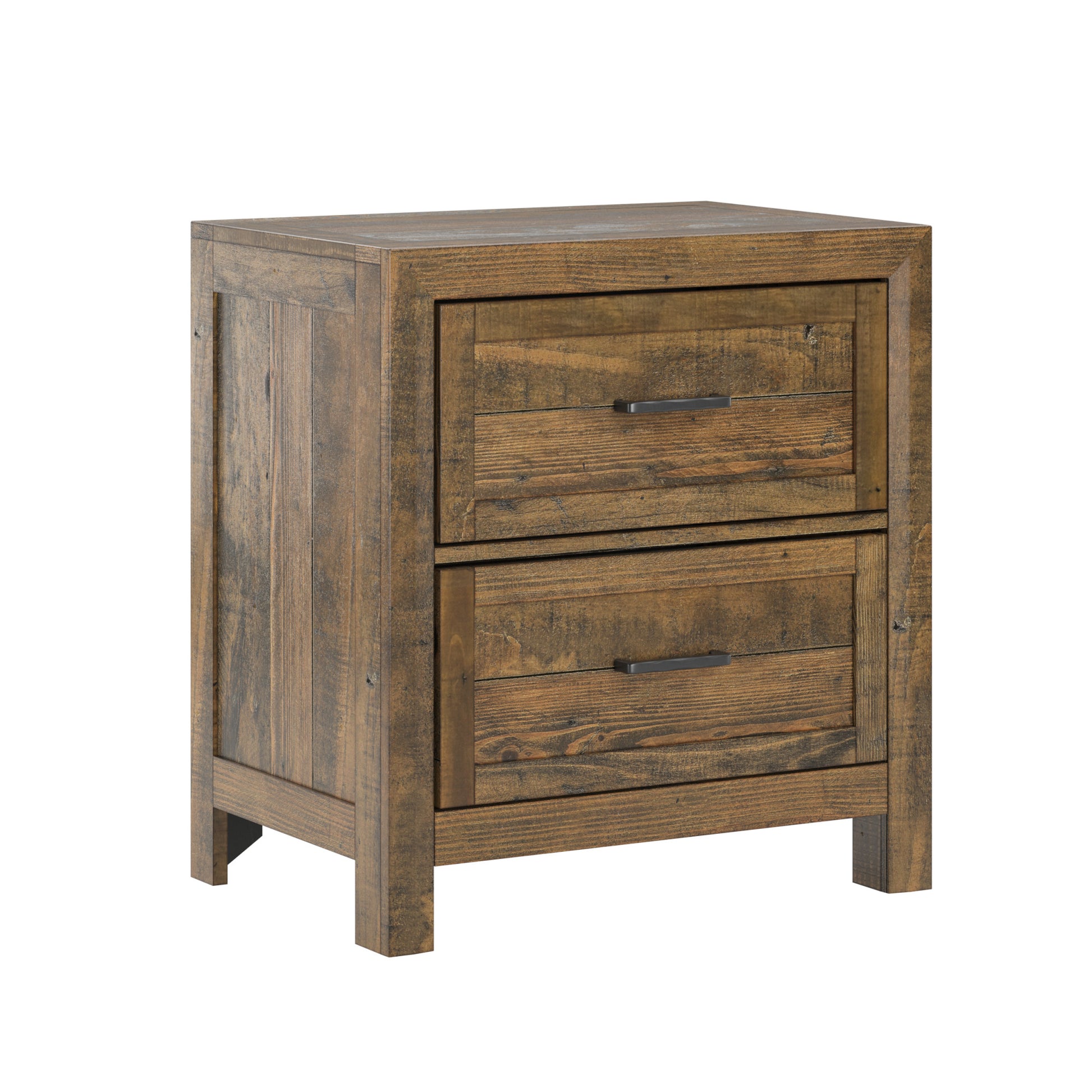 Rustic brown wooden nightstand with two drawers and dark metal pulls