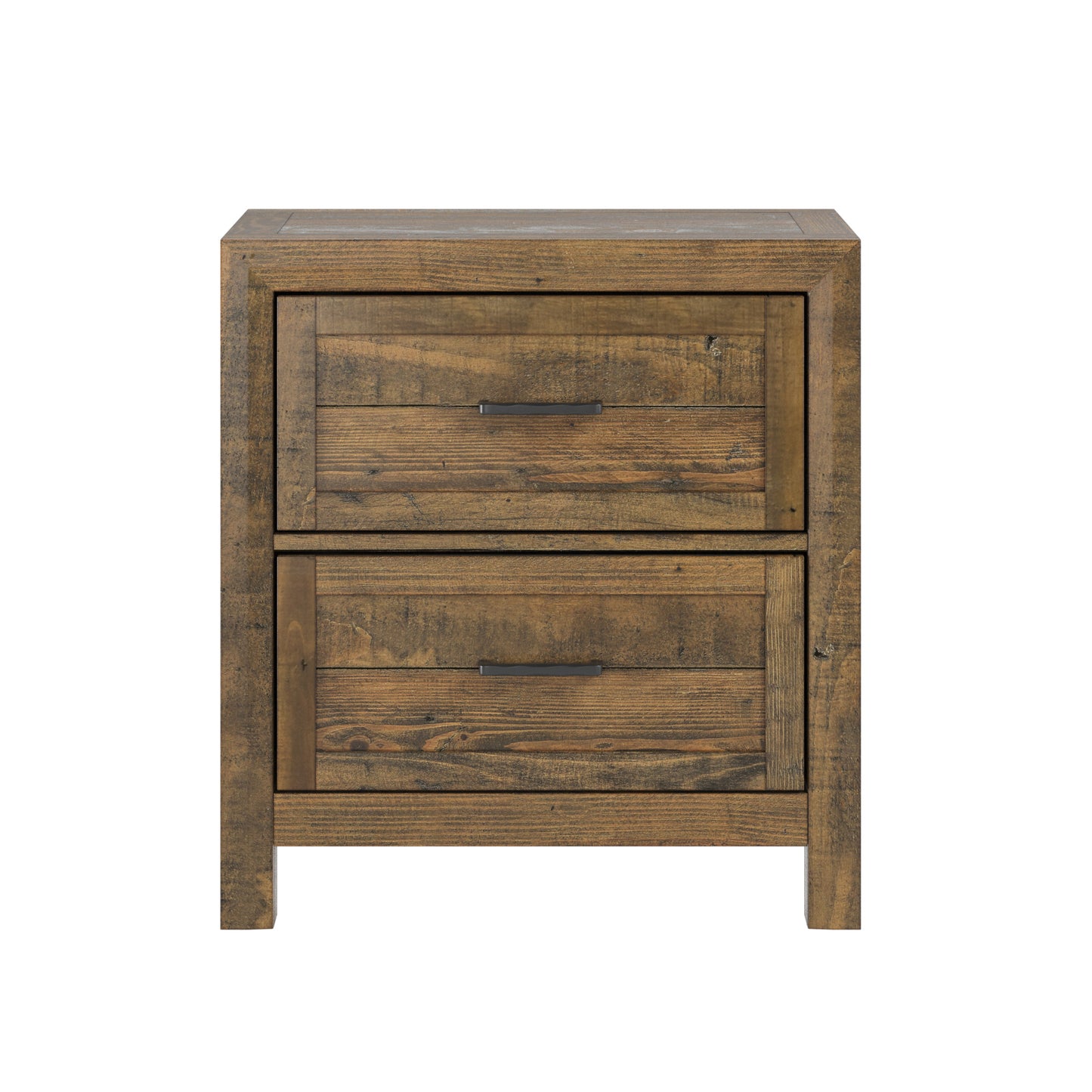Rustic twodrawer wooden nightstand with dark hardware
