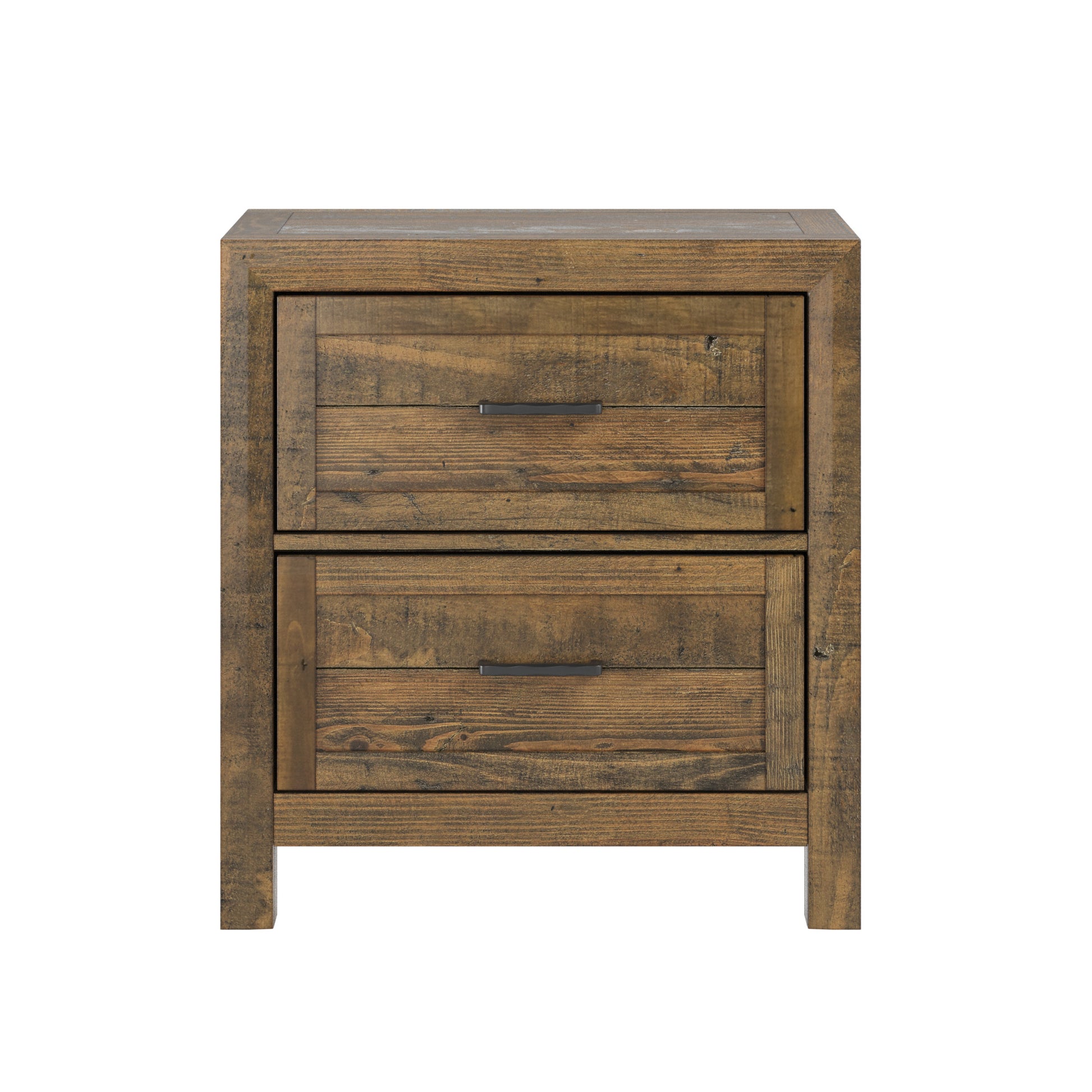 Rustic twodrawer wooden nightstand with dark hardware