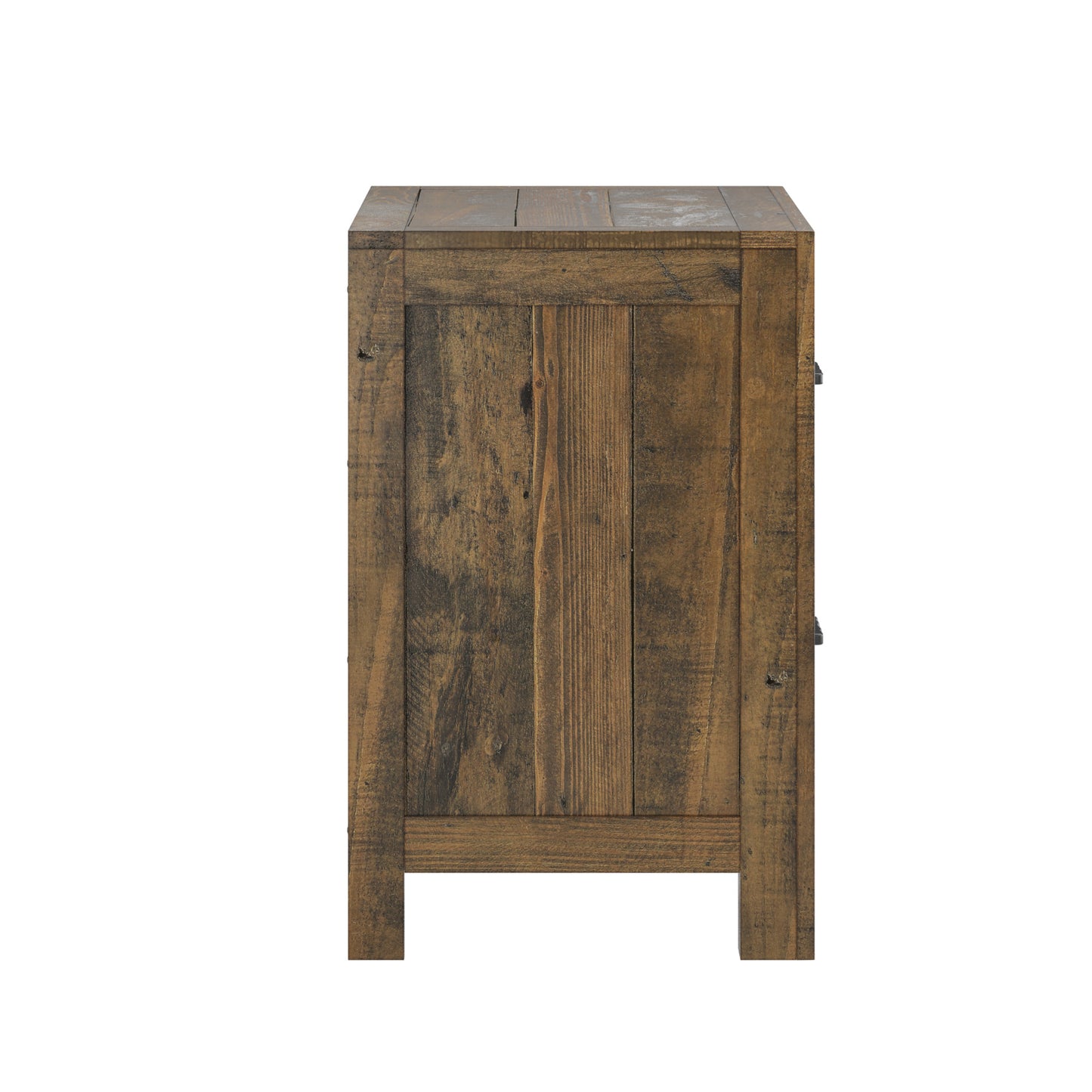 Rustic wooden cabinet with a distressed finish showing plank details