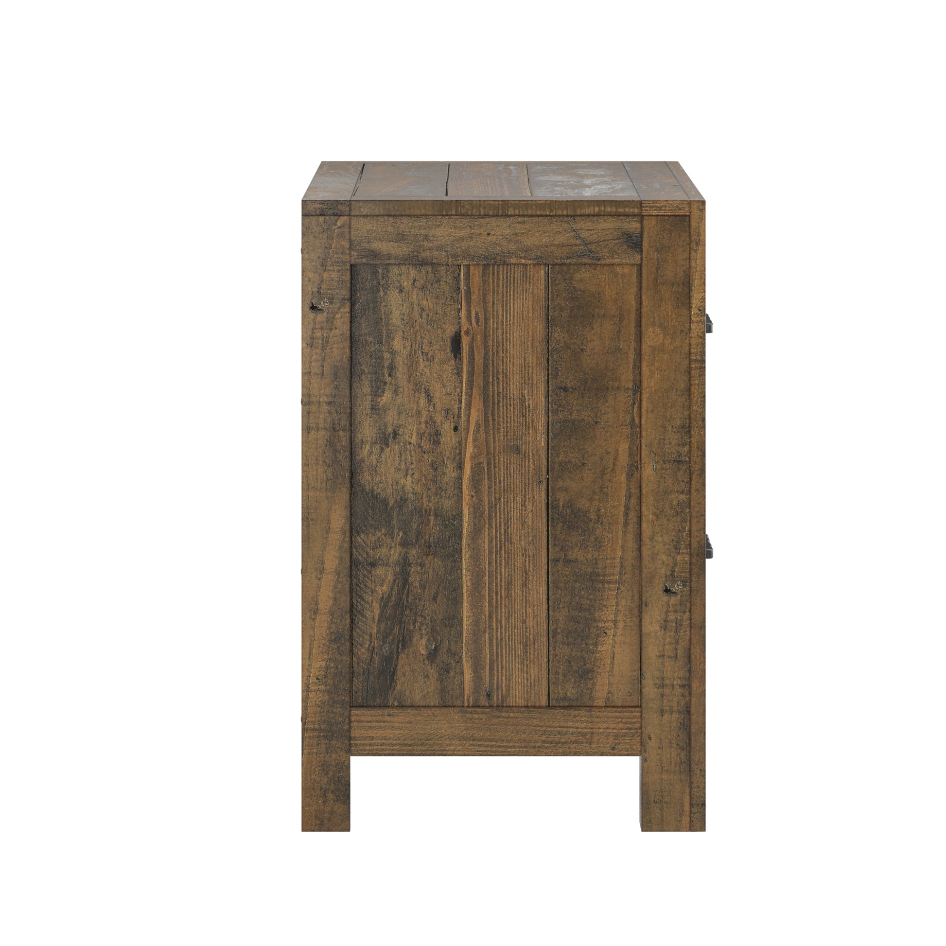 Rustic wooden cabinet with a distressed finish showing plank details