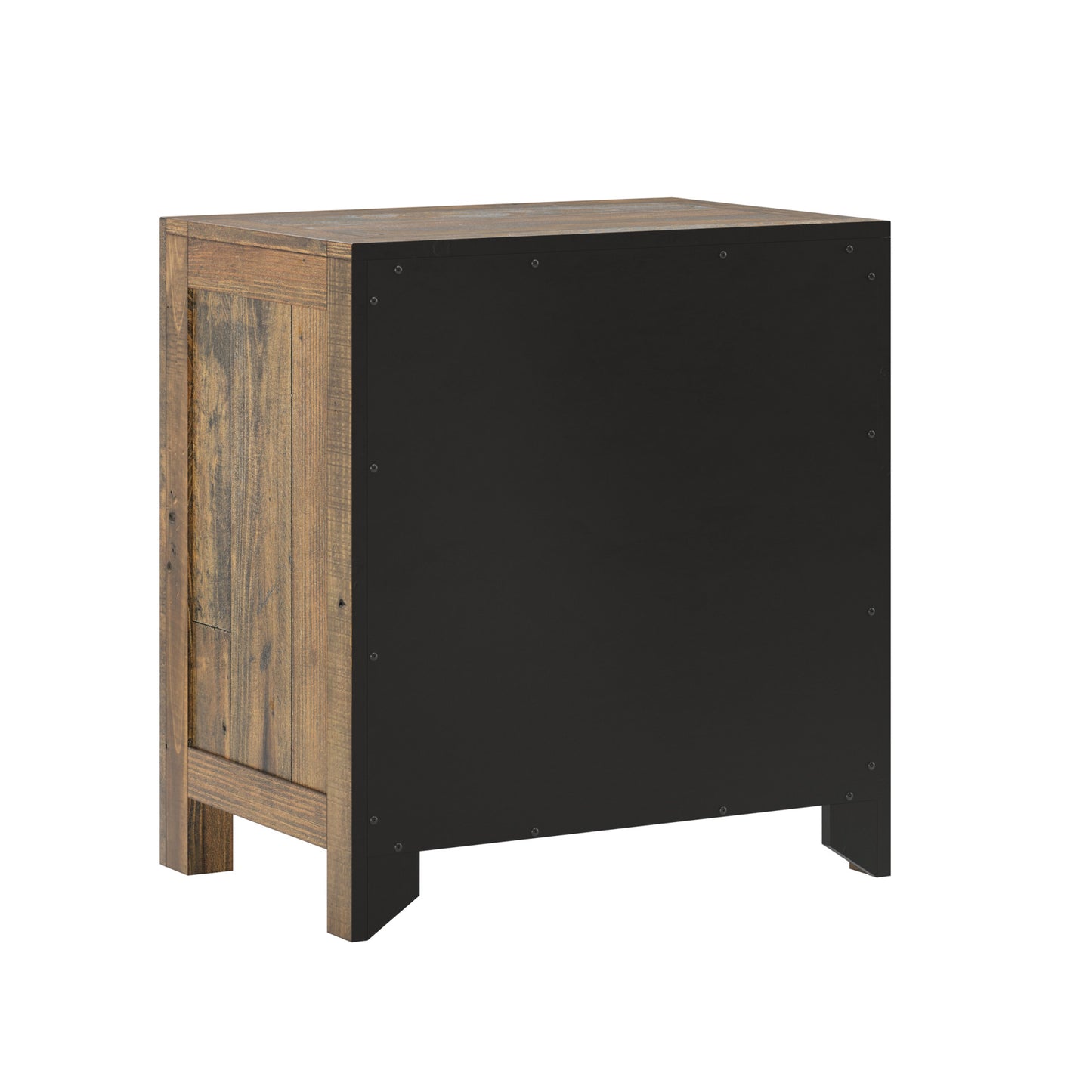 Rustic brown wood nightstand with black back panel and metal accents