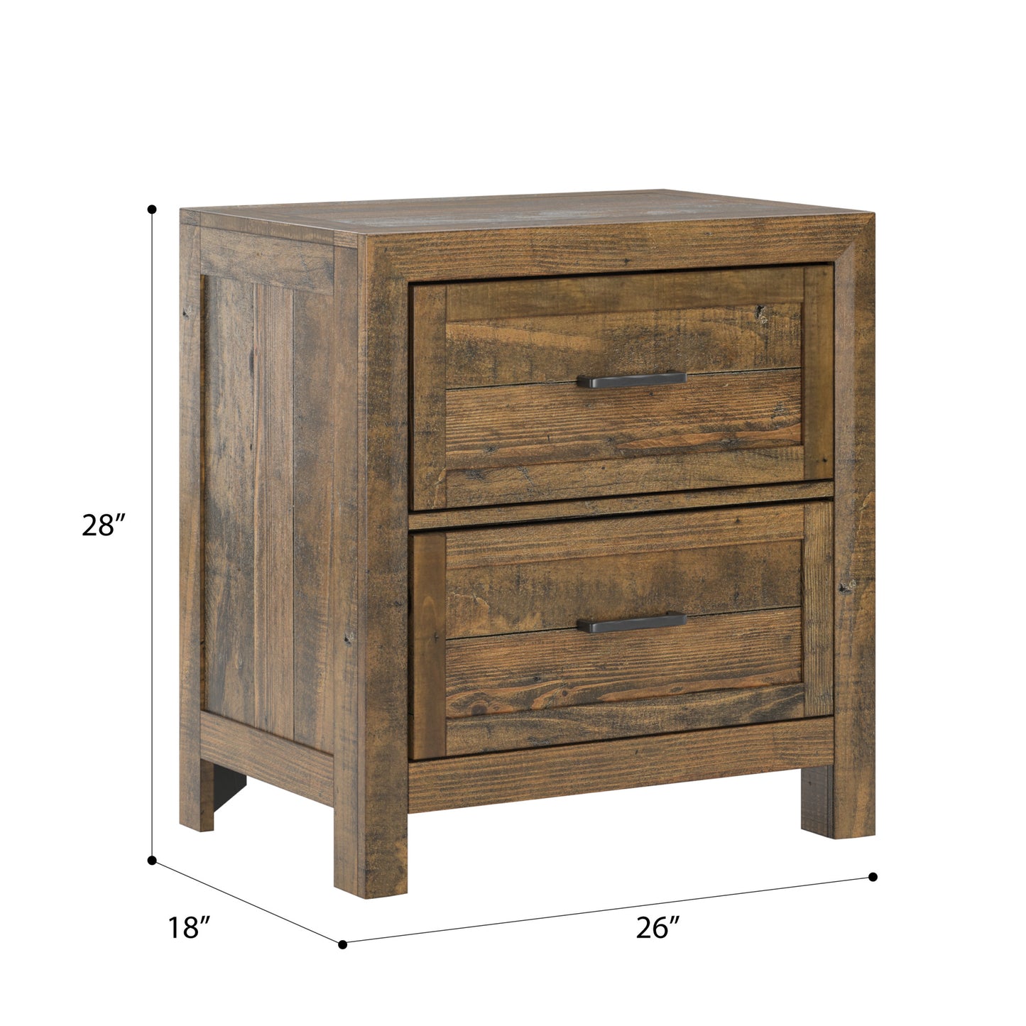 Rustic brown twodrawer nightstand with plank wood detailing and black metal handles