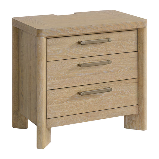 Light oak wood bedside table with three drawers and brushed brass handles modern style