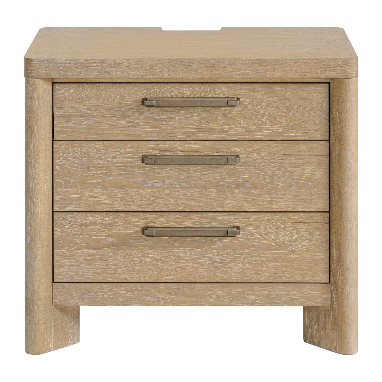 Light oak threedrawer nightstand with brushed brass pulls featuring rounded corners and a clean modern design