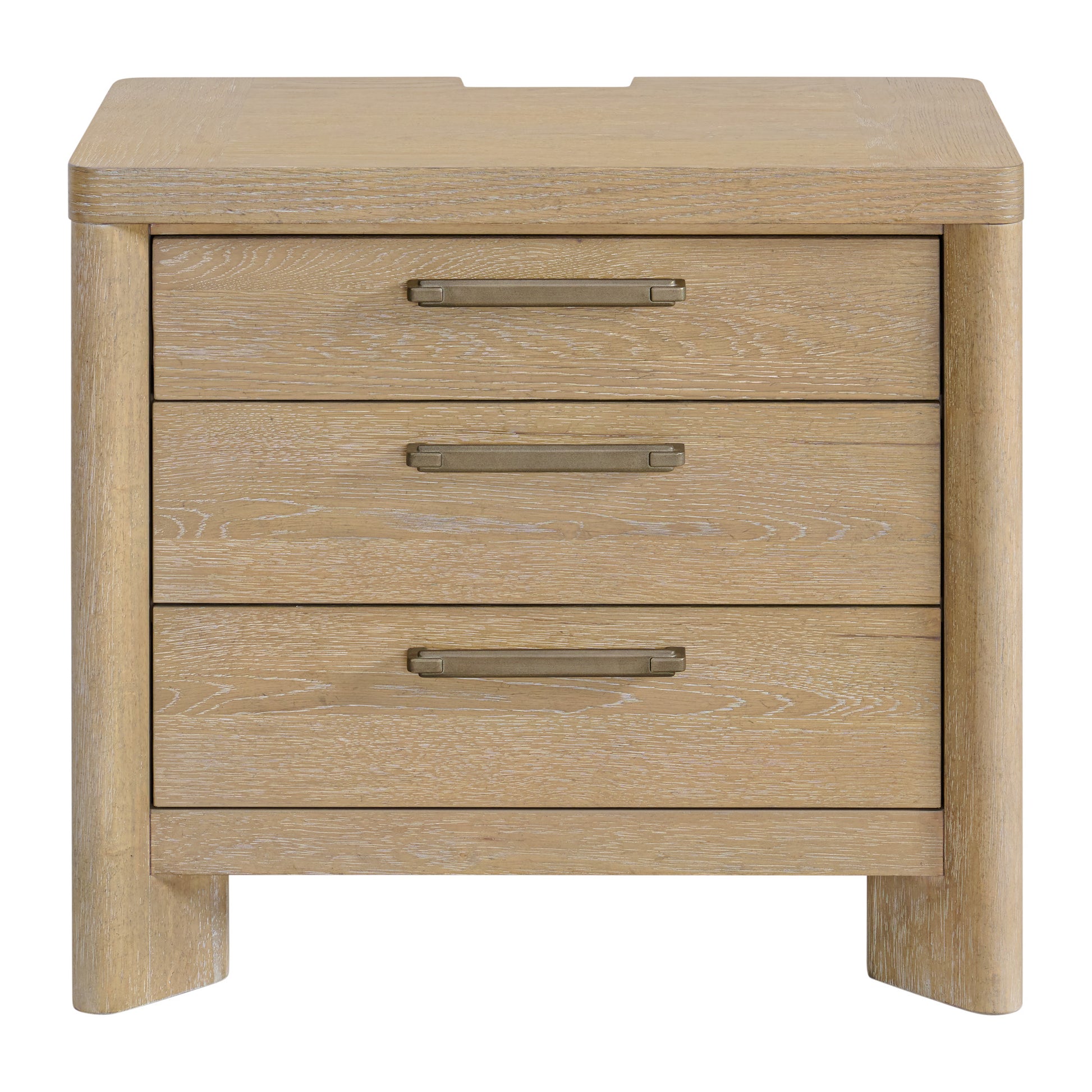 Light oak threedrawer nightstand with brushed brass pulls featuring rounded corners and a clean modern design