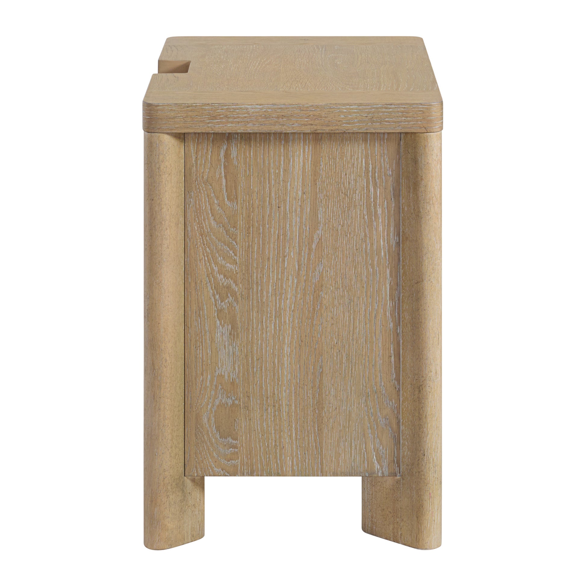 Modern oak nightstand with rounded edges and visible wood grain