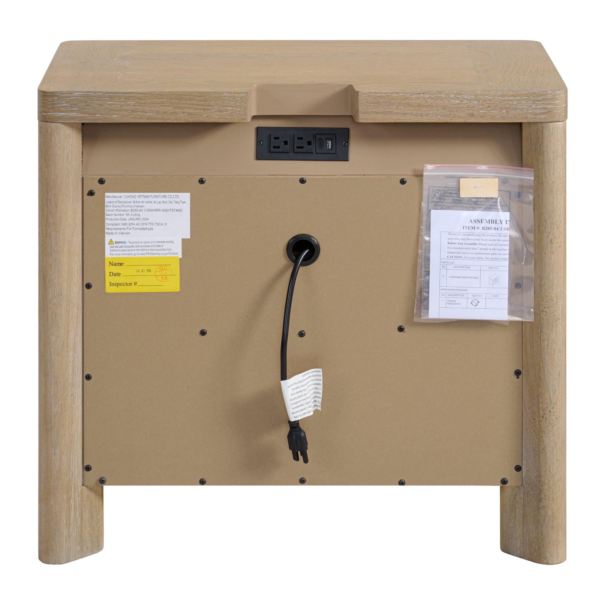 Light oak finish drawer nightstand with integrated USB and power outlets