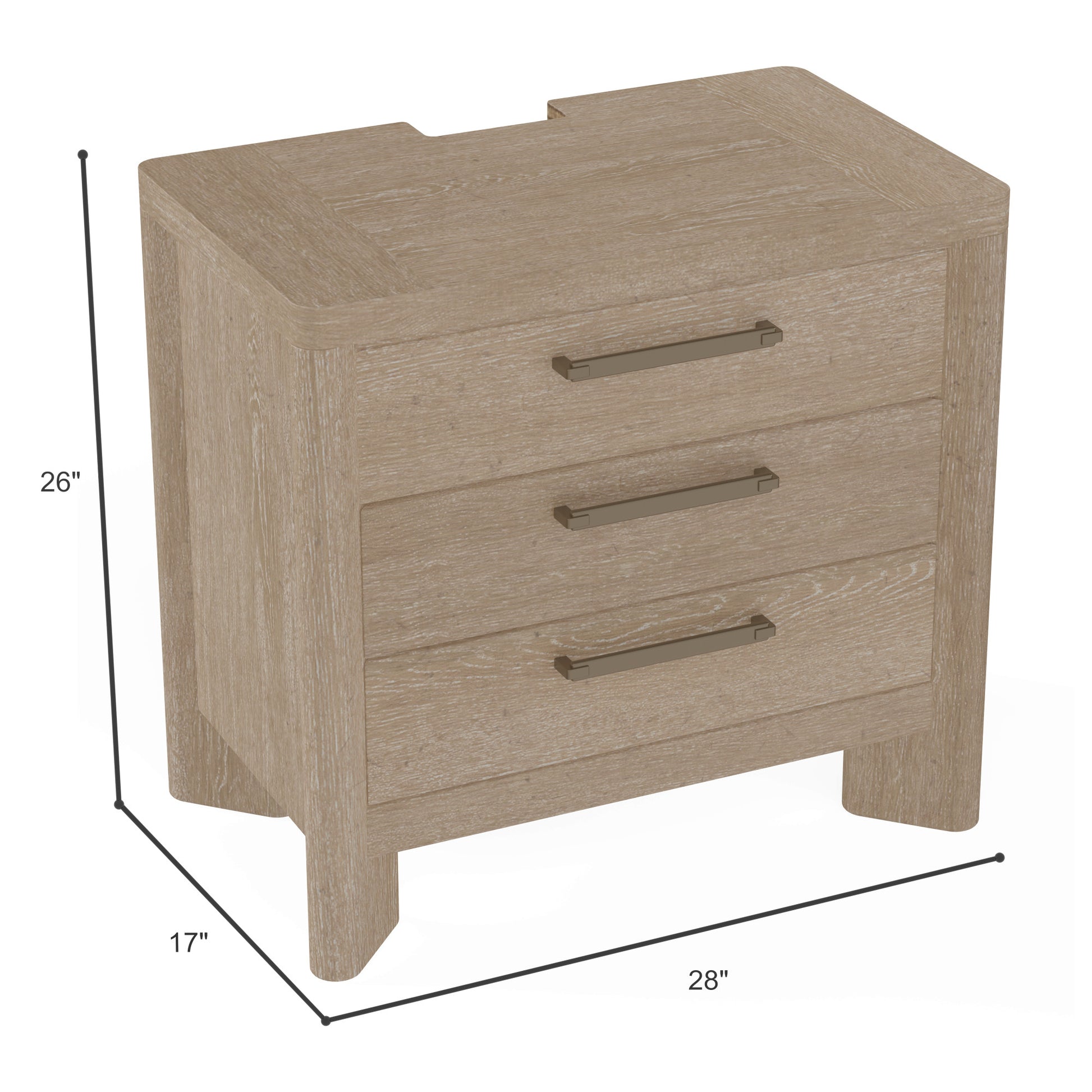 Light oak wood nightstand with three drawers and brushed nickel hardware