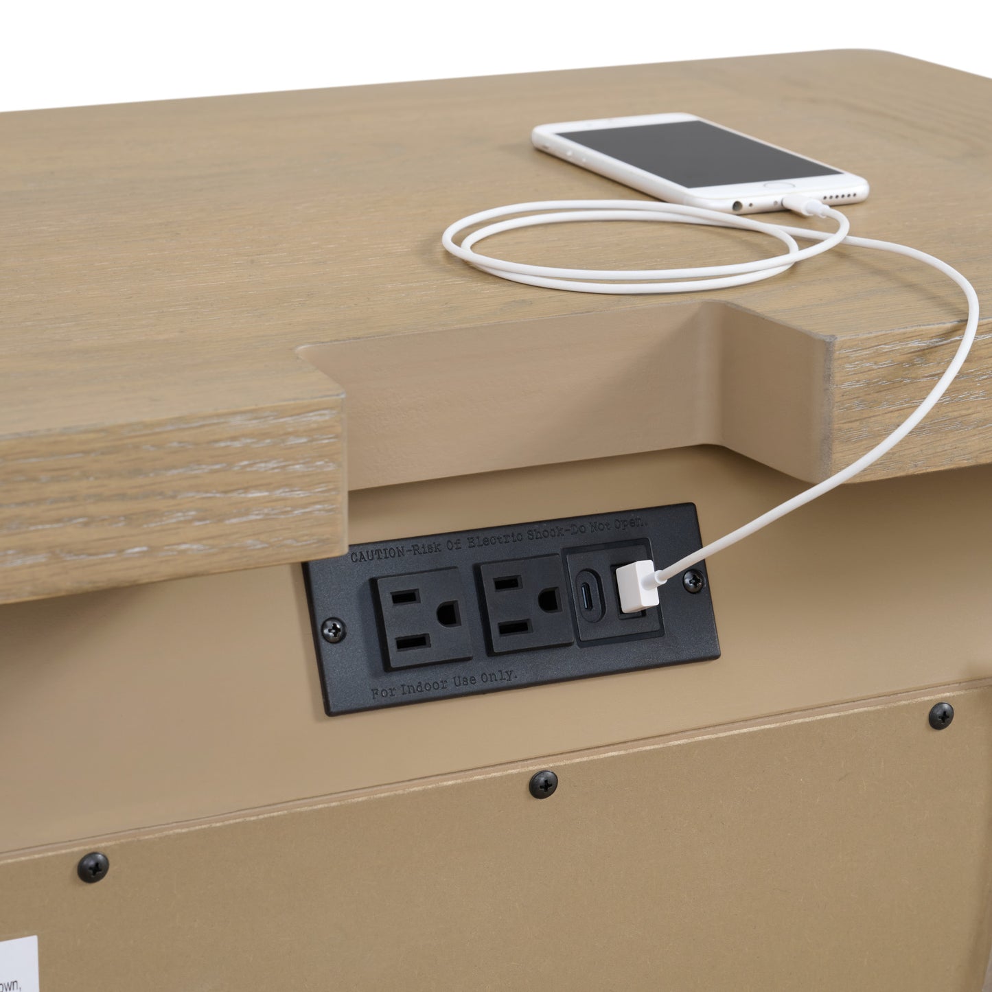 Wood grain side table with builtin power outlets and USB port charging a smartphone