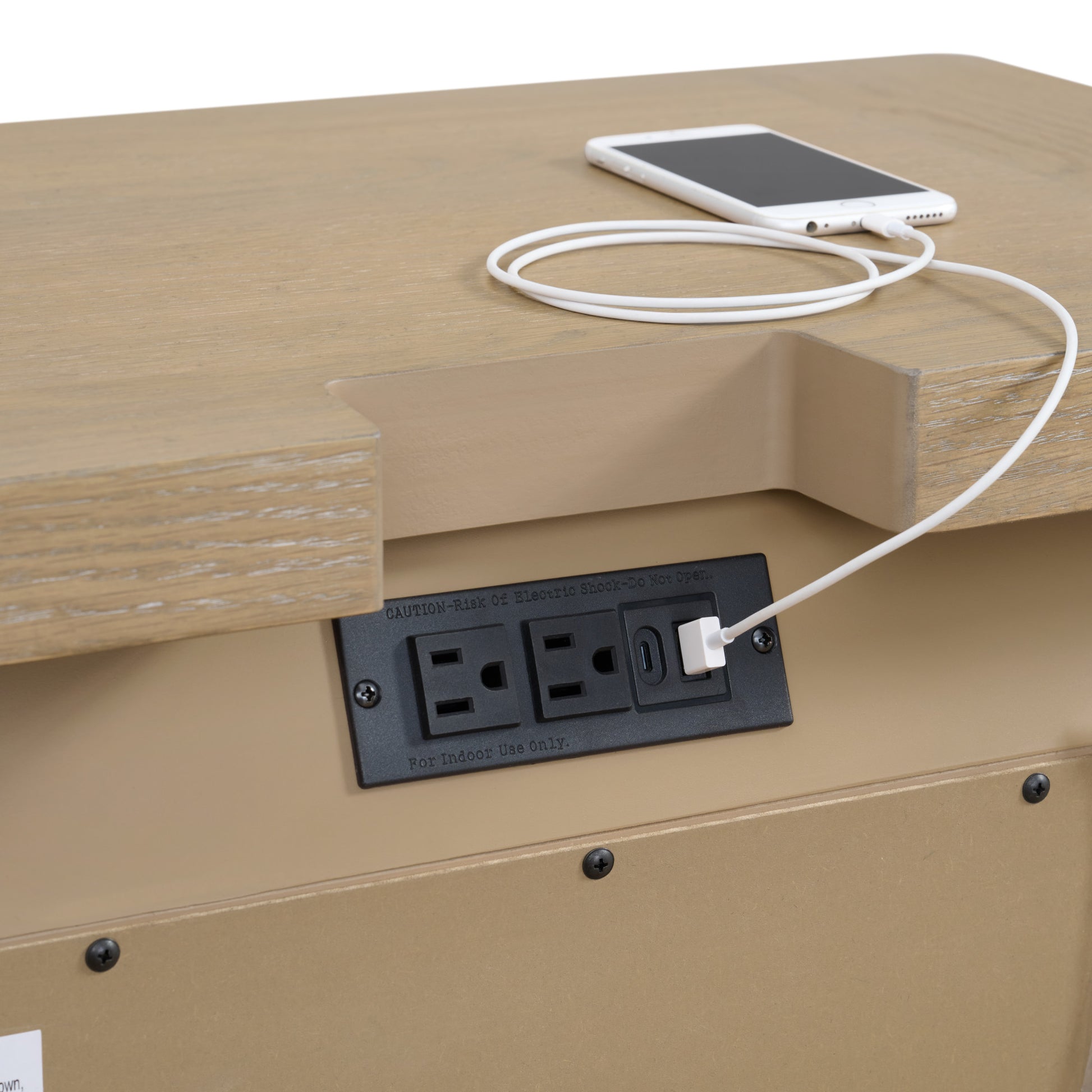 Wood grain side table with builtin power outlets and USB port charging a smartphone