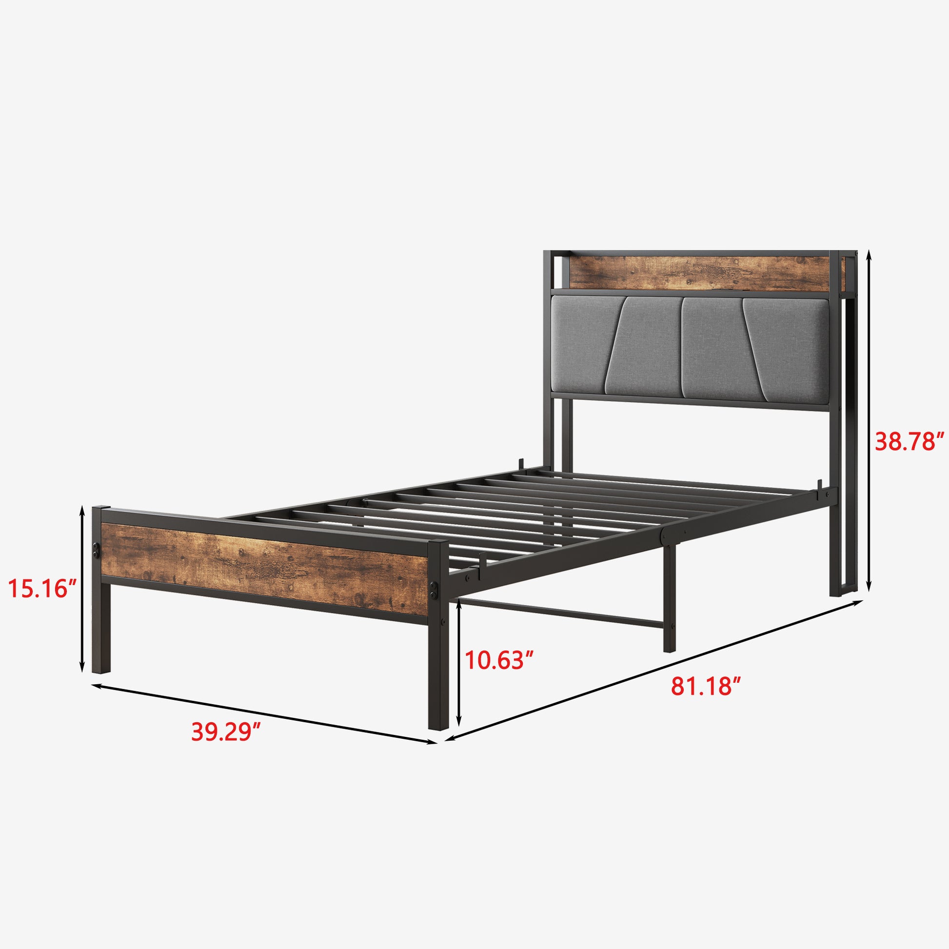 Rustic wood and metal twin bed frame with grey upholstered headboard