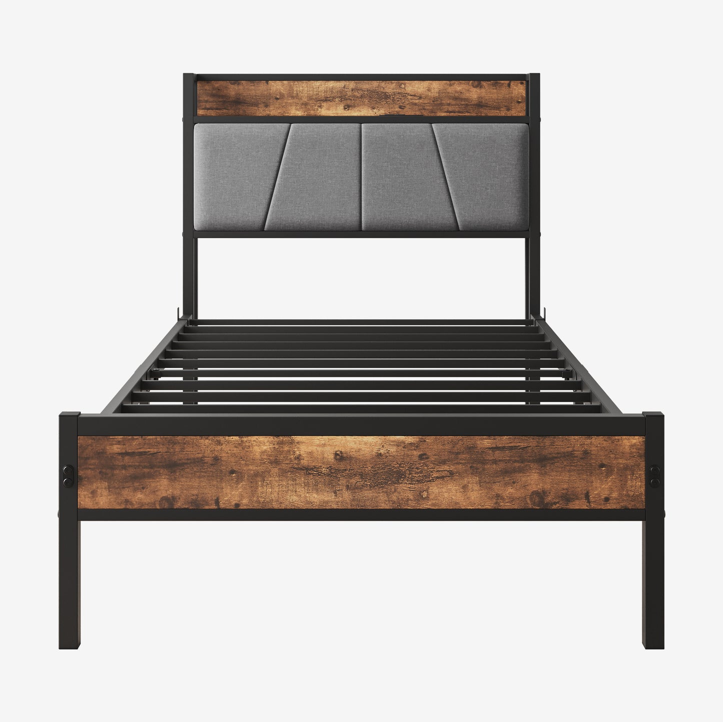 Rustic industrial metal bed frame with grey upholstered headboard and woodlook accents