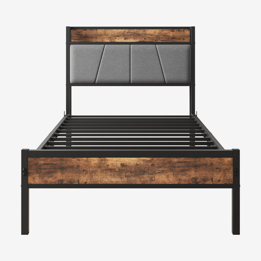 Rustic industrial metal bed frame with grey upholstered headboard and woodlook accents