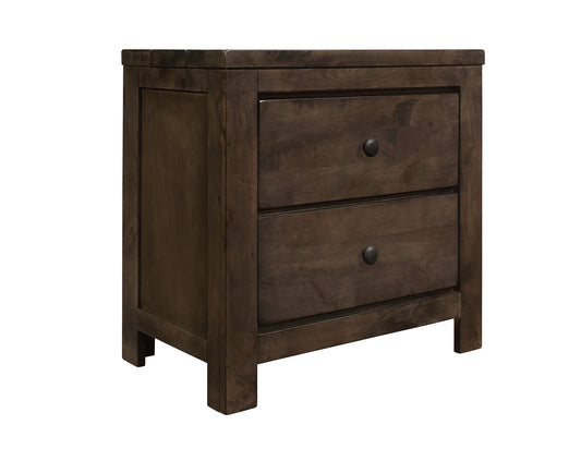 Dark wood twodrawer nightstand with round black knobs and clean lines