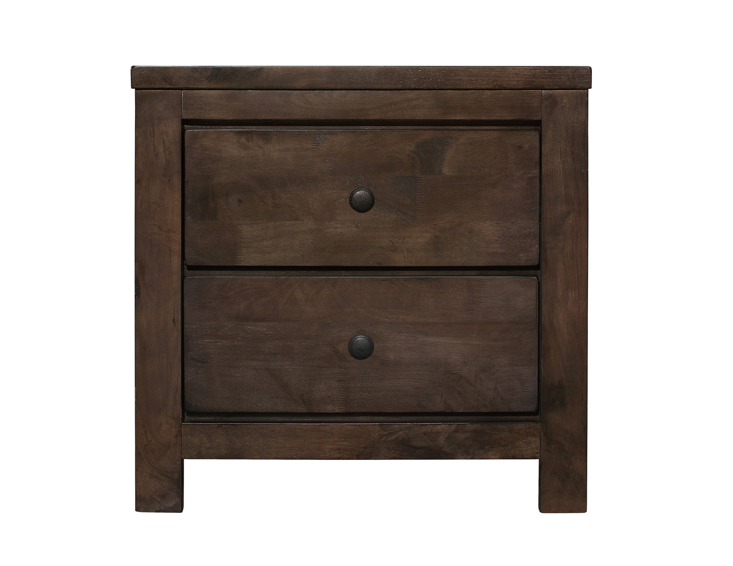 Dark brown wood nightstand with two drawers and metal knobs perfect for bedroom storage