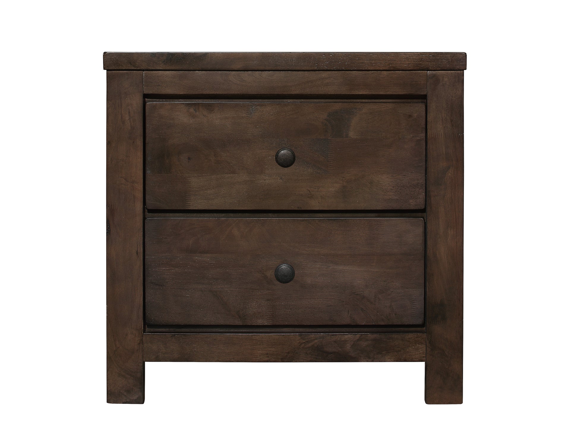 Dark brown wood nightstand with two drawers and metal knobs perfect for bedroom storage