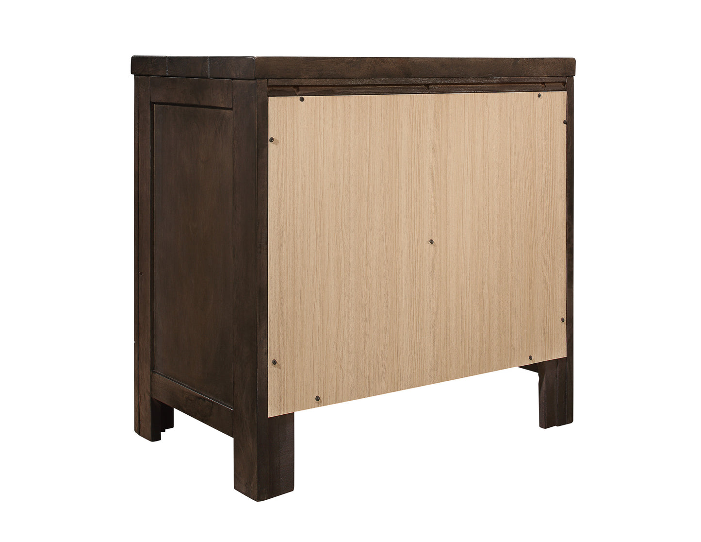 Dark brown wooden nightstand back panel with light wood backing and visible screws
