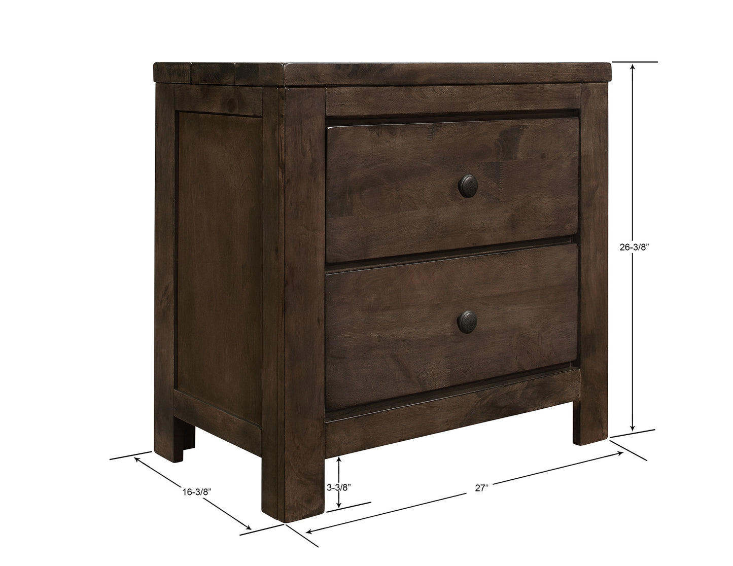 Dark brown wood nightstand with two drawers and black round knobs