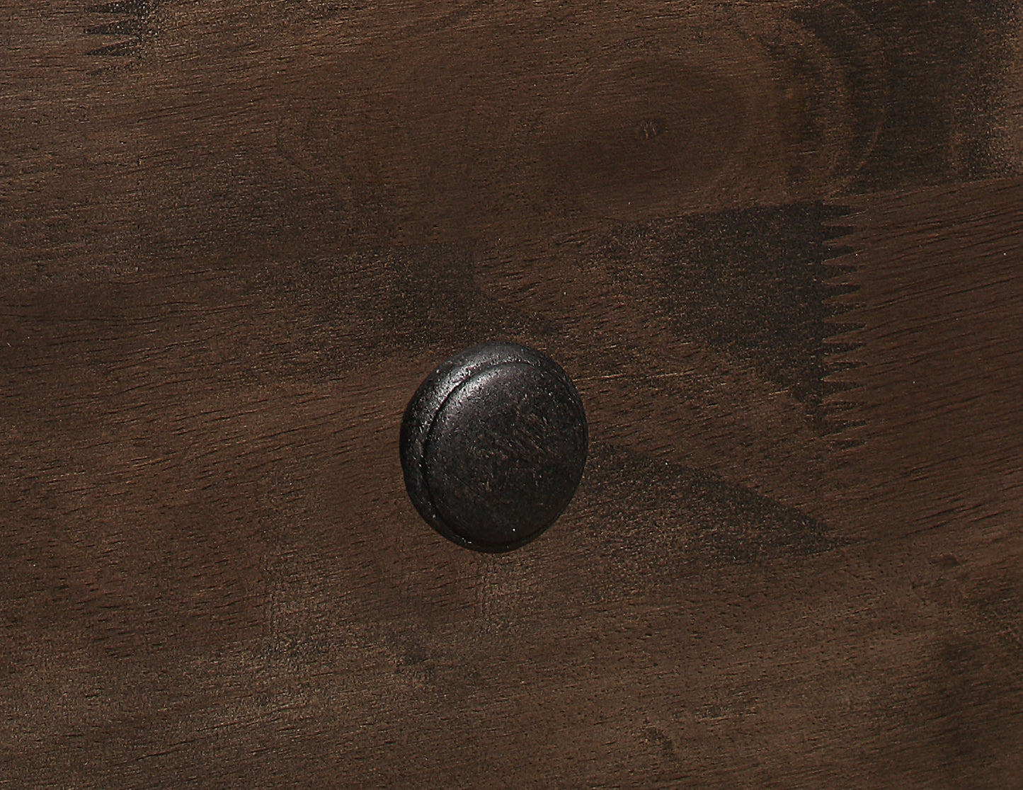 Dark wood drawer knob with rustic texture for rustic furniture