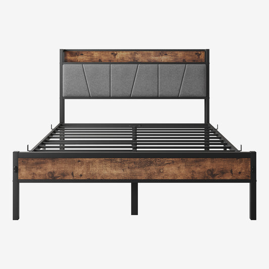 Industrial style queen bed frame with gray upholstered headboard and woodlook accents