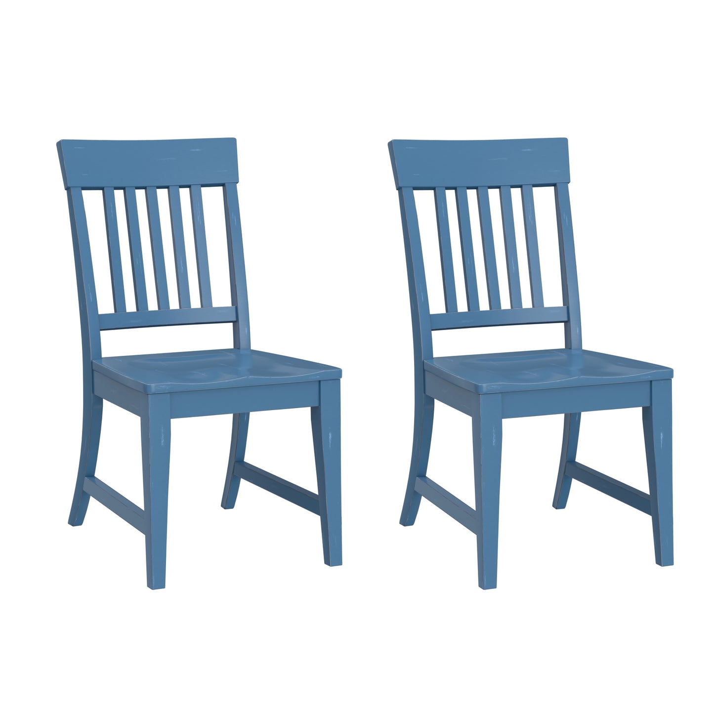 Two distressed blue wooden dining chairs with slatted backs