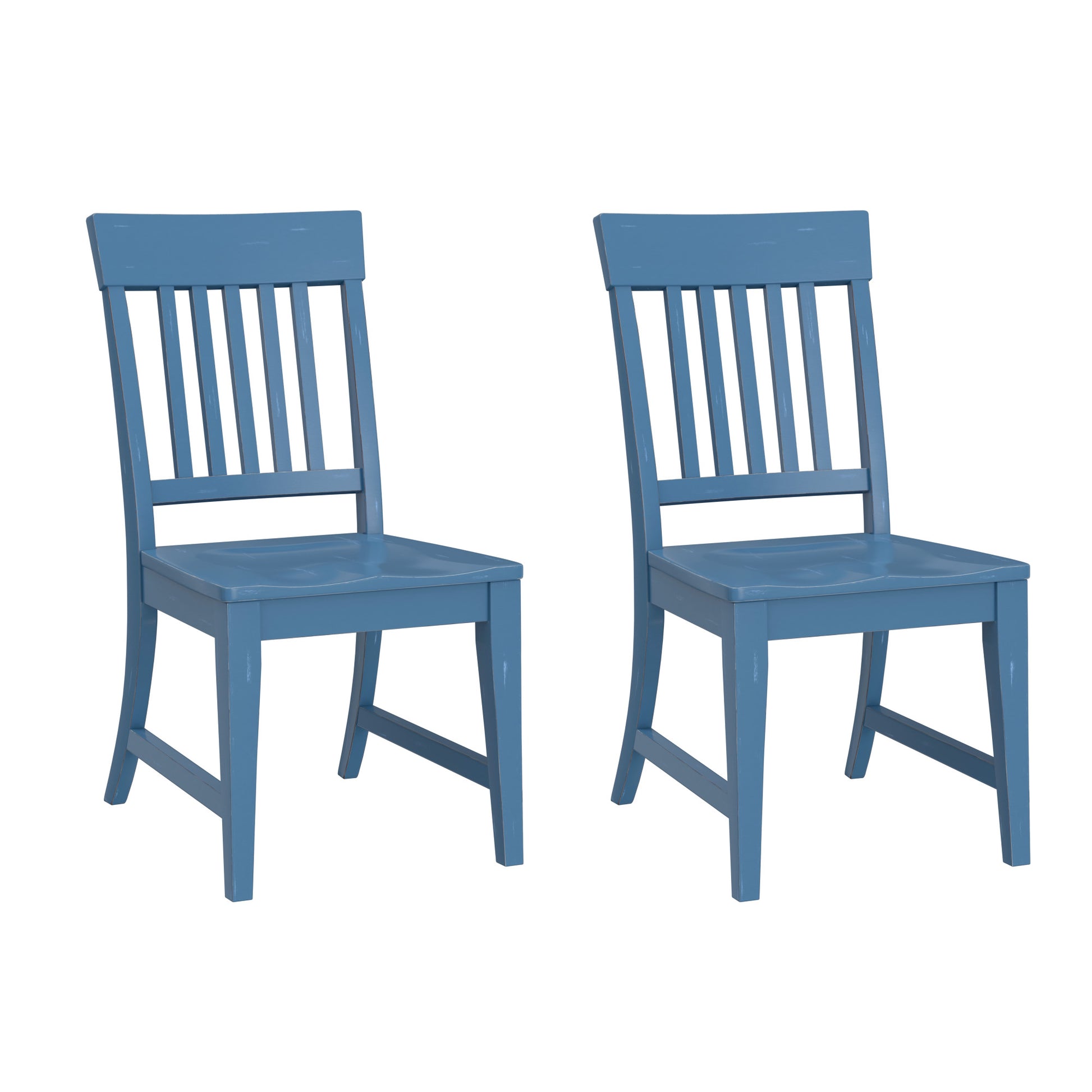 Two distressed blue wooden dining chairs with slatted backs