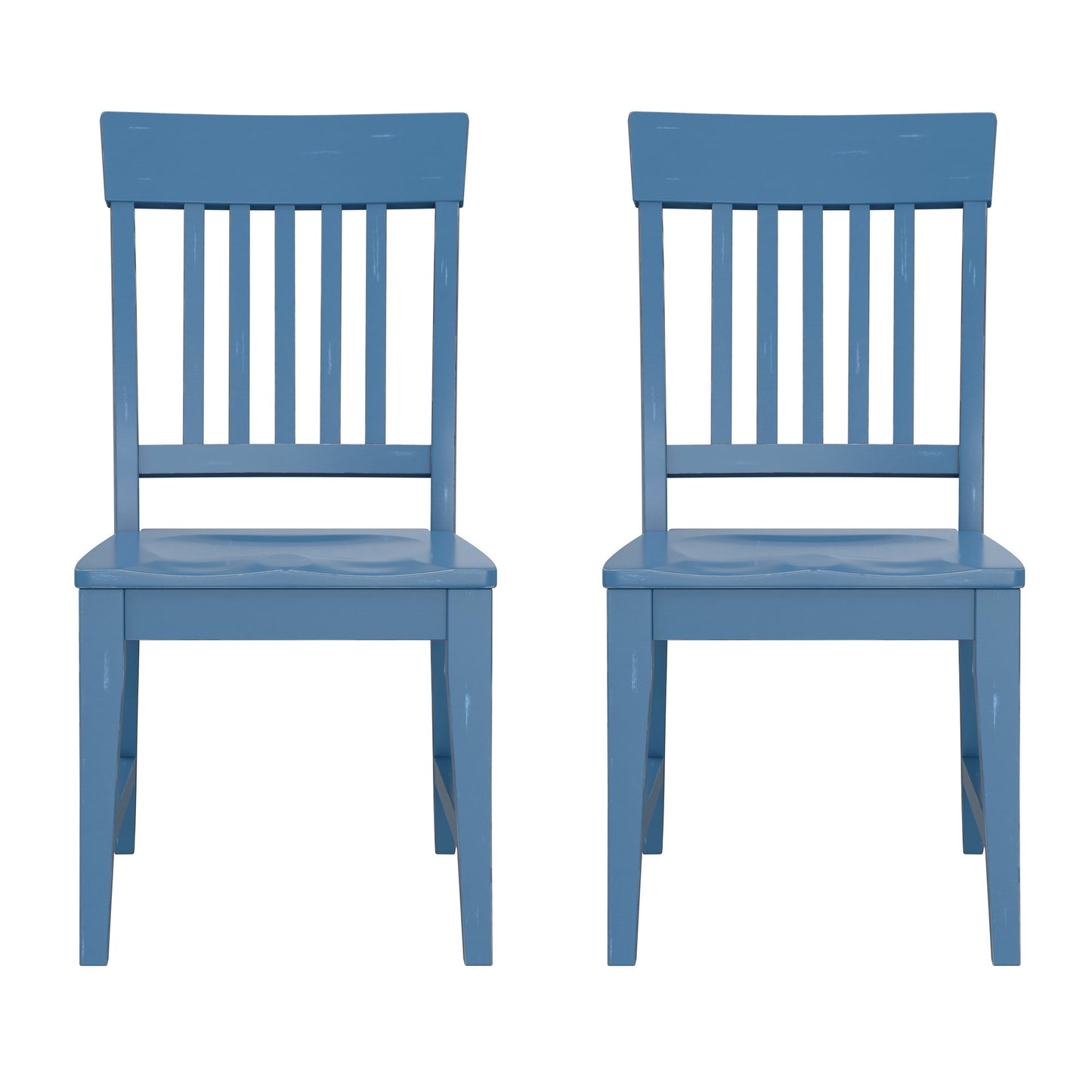 Two blue wooden chairs with slatted backs and contoured seats perfect for dining