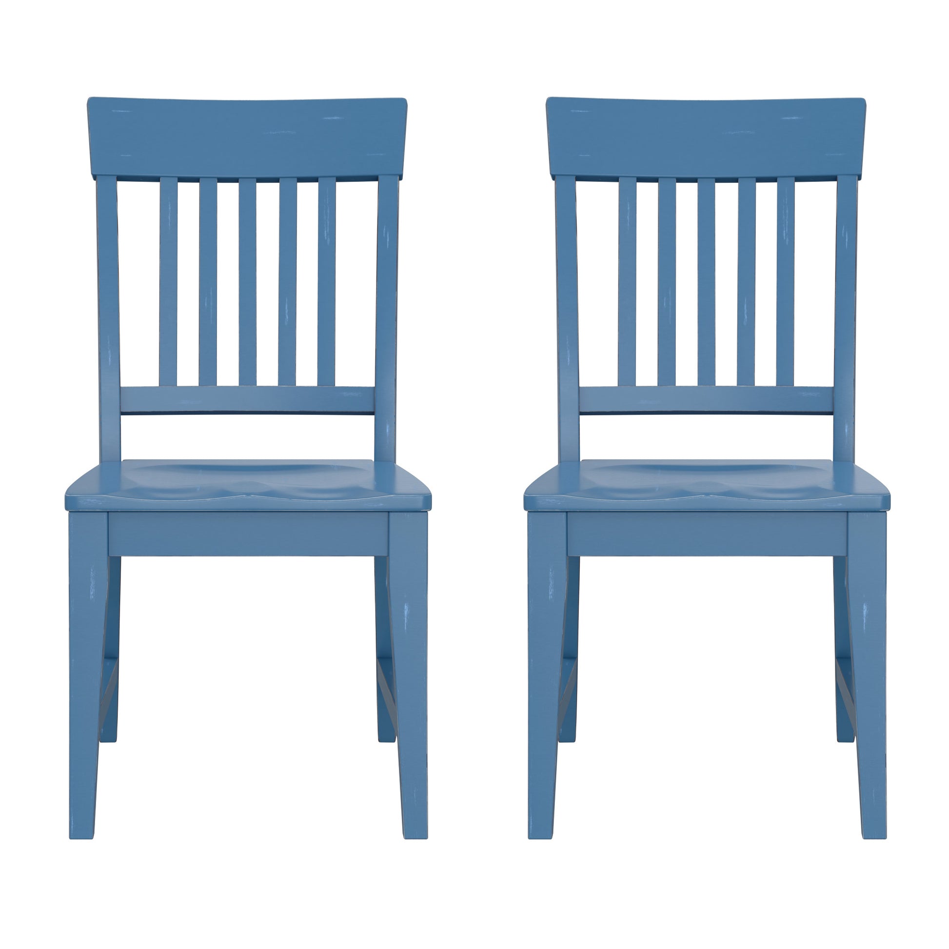 Two blue wooden chairs with slatted backs and contoured seats perfect for dining