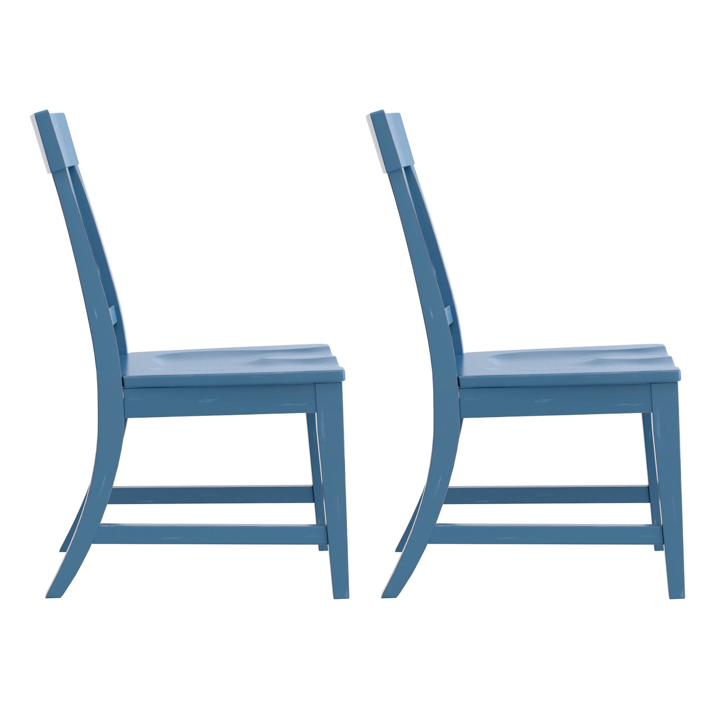 Two blue wooden dining chairs with curved backrests and contoured seats perfect for modern kitchens