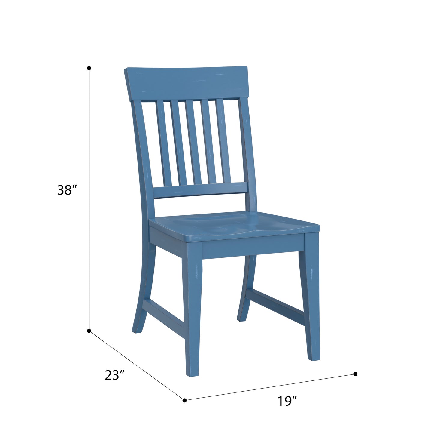 Blue farmhouse dining chair with slatted back and wooden construction