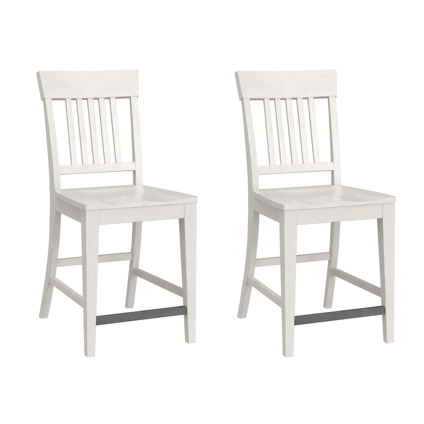 Pair of distressed white wooden bar stools with spindle backs and footrests
