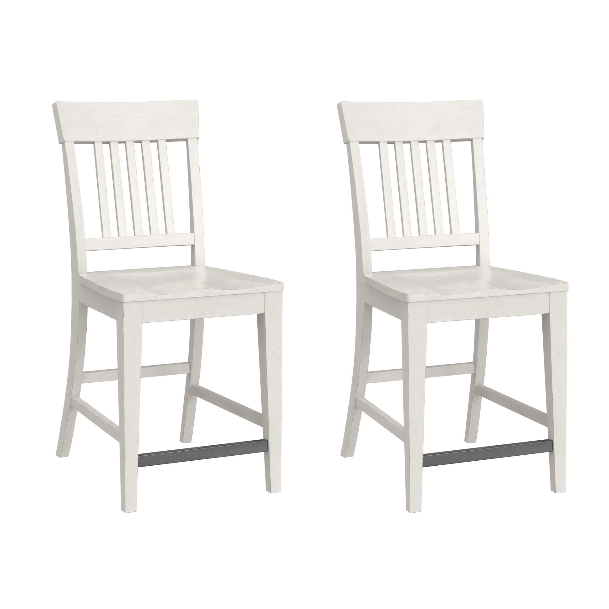 Pair of distressed white wooden bar stools with spindle backs and footrests