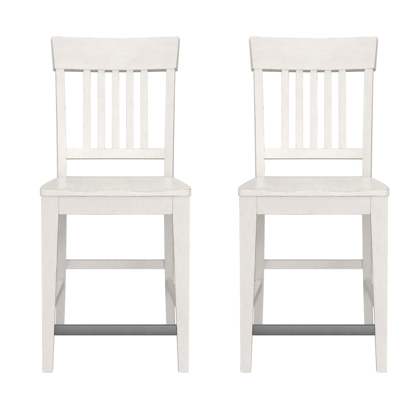 Two distressed white wooden bar stools with slatted backs and footrests