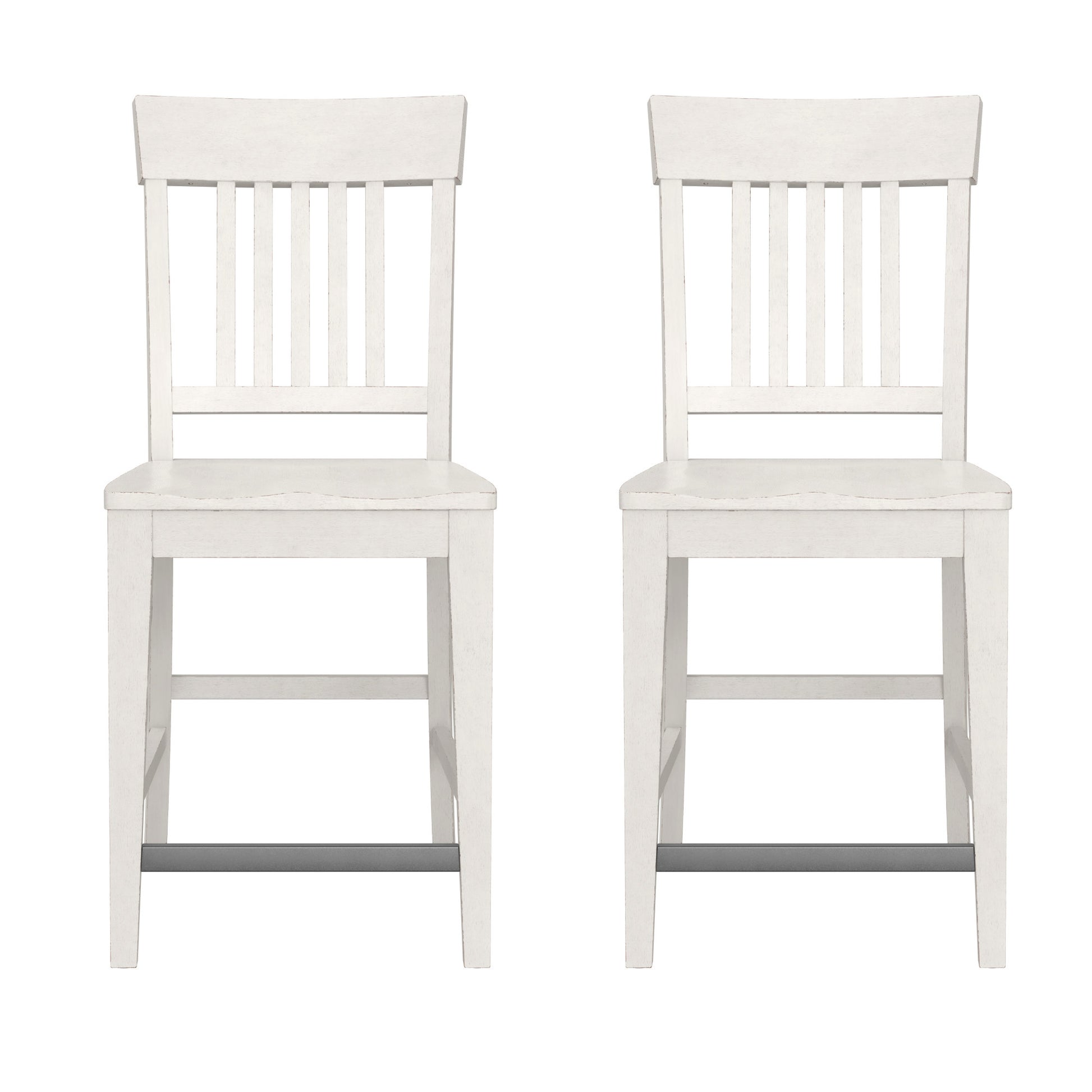Two distressed white wooden bar stools with slatted backs and footrests