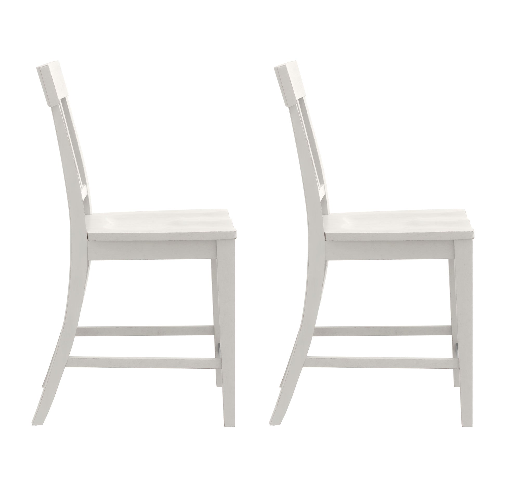 Two white wooden farmhouse dining chairs in profile view